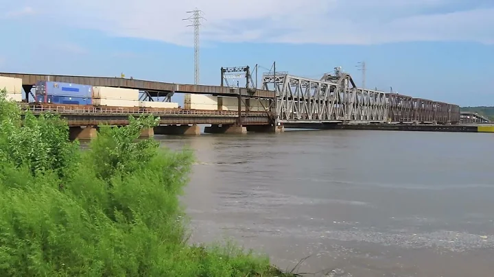 3-Engine BNSF Freight Train Travels East in Fort Madison IA & Crosses Mississippi River Swing Bridge