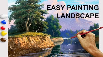 How to Paint Easy Landscape Sunset River in Acrylics / Time-lapse / JMLisondra