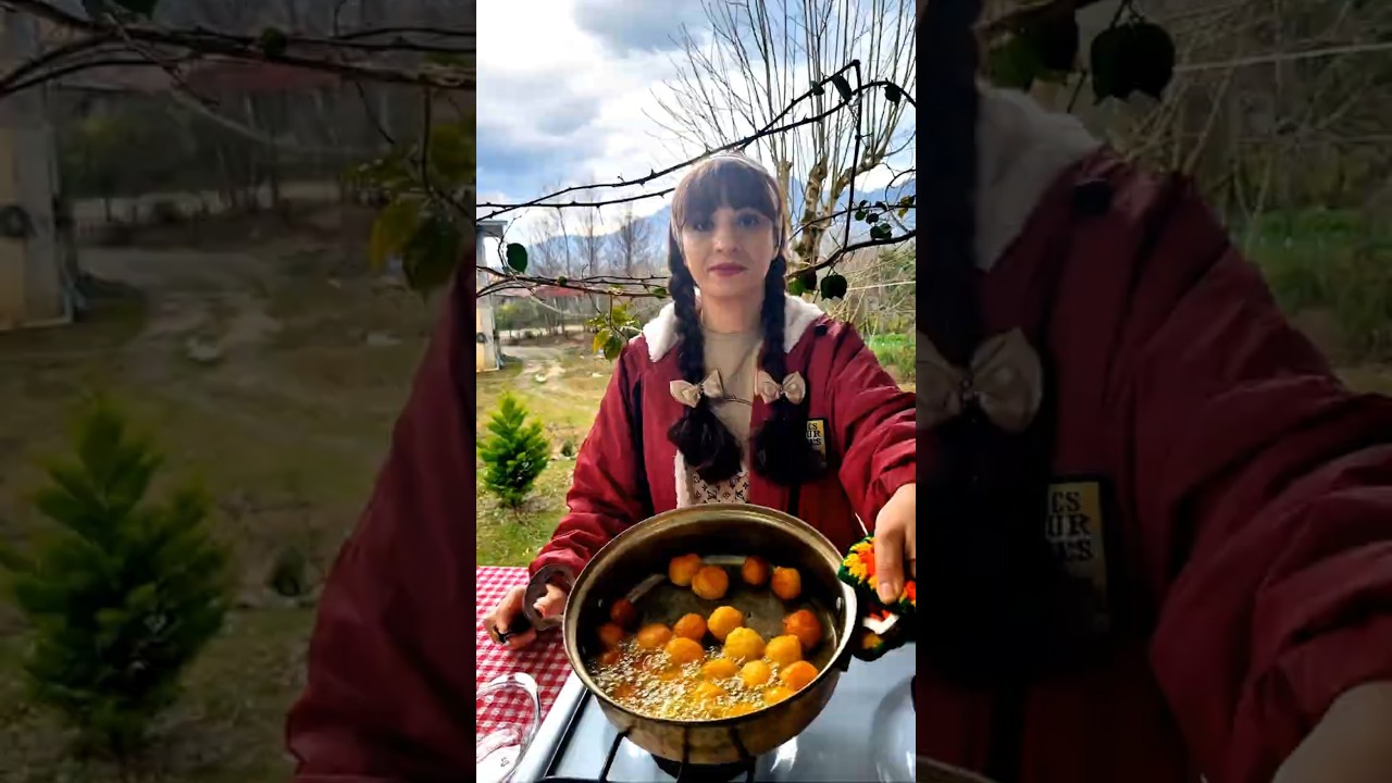 Crispy Golden Potato Balls Fried Outdoors | Cozy Courtyard Cooking