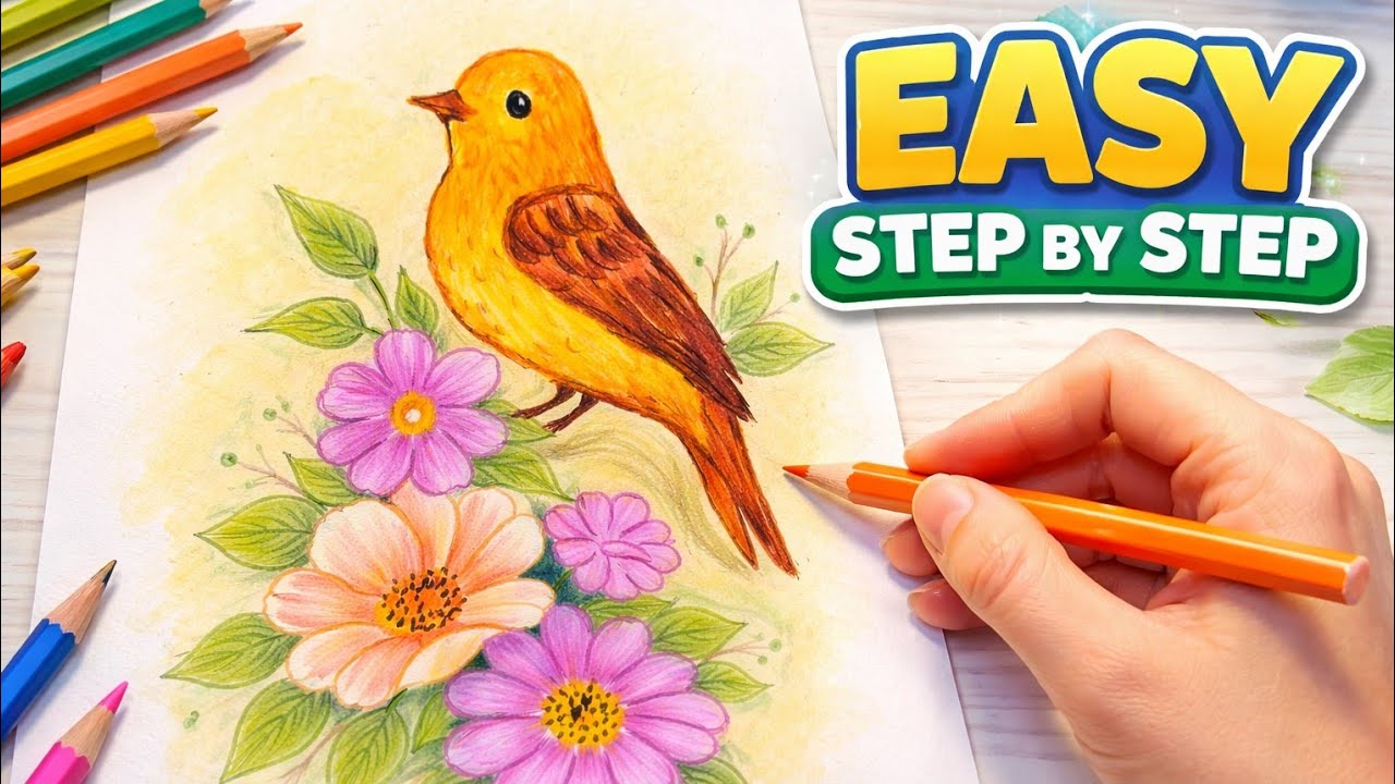 Easy Bird and Flowers Drawing for Beginners | Colored Pencil Tutorial