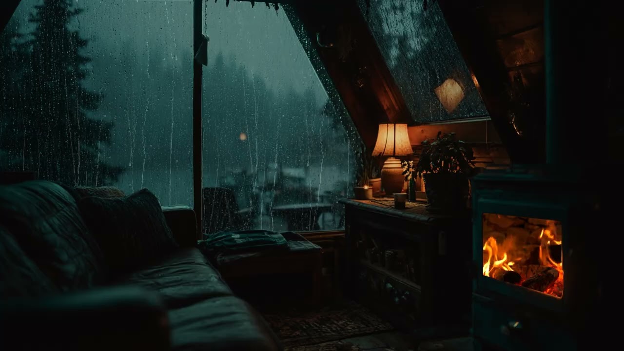 Cozy Cabin Rain Sounds 🌧 Calm Night Rainfall with Fireplace Warmth for Sleeping
