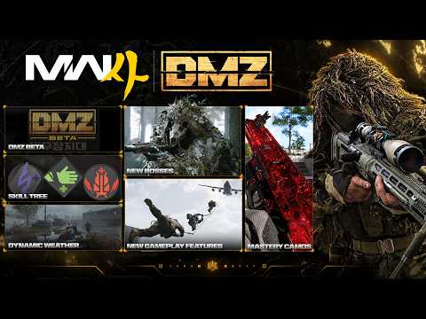 MW4 DMZ update thumbnail with tiles for the skill tree, new bosses, dynamic weather and a red mastery camo