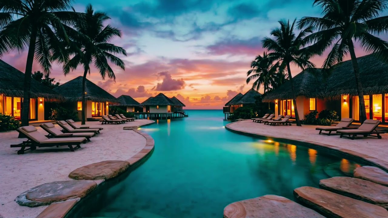 4K Tropical Resort Lagoon Sunset 🌴 Luxury Chillout Deep House | Static Island Ambience