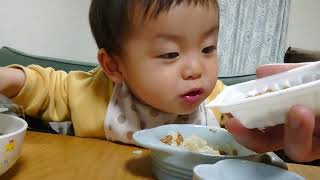 3packs of natto, CrabTomatoMiso soup! He ate all of his dad's natto納豆3パック、蟹トマト味噌汁パパの