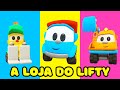 Léo o caminhão curioso na loja de Lifty.  Animação infantil. Coleção de desenhos .