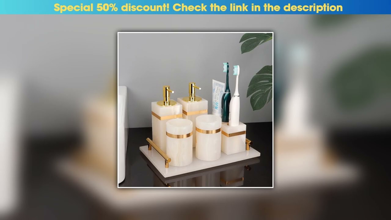 Review White Onyx Natural Marble Bathroom Accessories Gold Luxury Soap Dispenser Cotton Swab Holder
