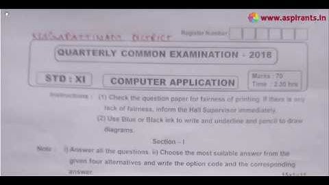 11th Computer Application Quarterly Exam Question Paper 2018-19 | English Medium | Team Aspirants