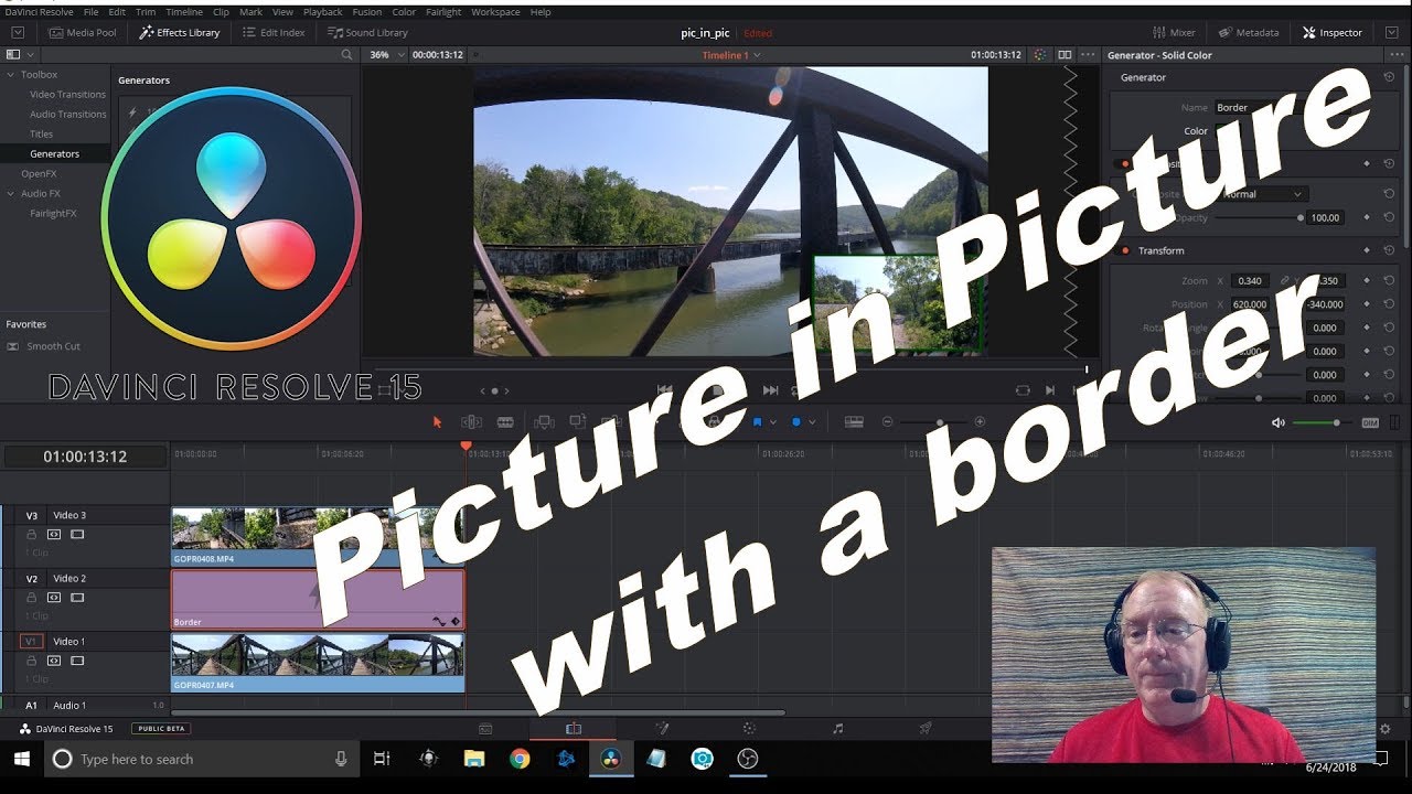 Davinci Resolve 15 Picture In Picture With A Border Youtube