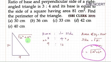 (SBI CLERK 2019)Ratio of base and perpendicular side of a right- angled triangle is 3 : 4