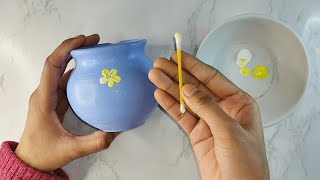 Easy earthen pot painting technique with earbuds. Easy matki painting. How to paint earthen pot.