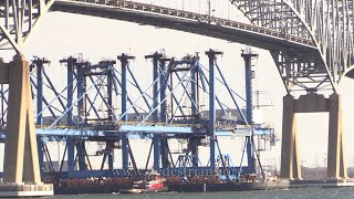 Cranes Leaving Baltimore Under Key Bridge