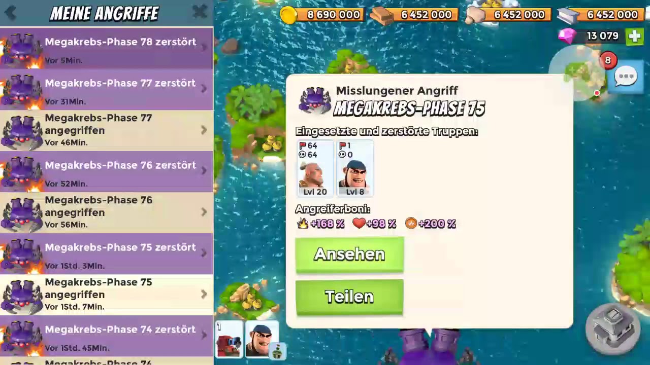 Boom Beach – Mega Crab - Stage 75, 76, 77 two Hits , 78 solo