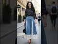 Elegant Polka Dot Blouse with Denim Midi Skirt Outfit  Chic Street Style Look for Women