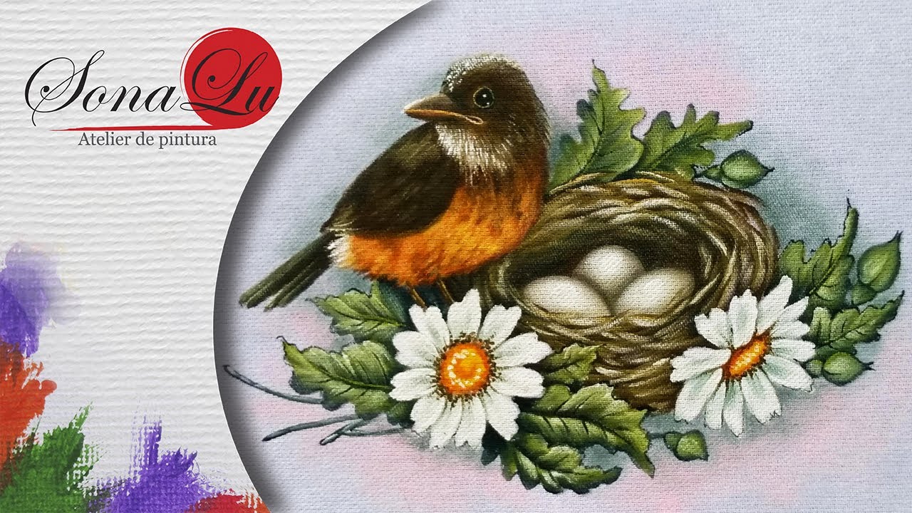 Aula 490 - Pássaro, Ninho e Margaridas em Pano de Prato