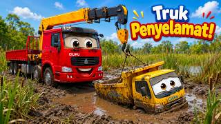 Ada Truk Terjebak😲 Truk Crane Datang Menolong!🏗️✨| Roda Roda Truk Berputar - Lagu Truk Anak Terbaru🎵
