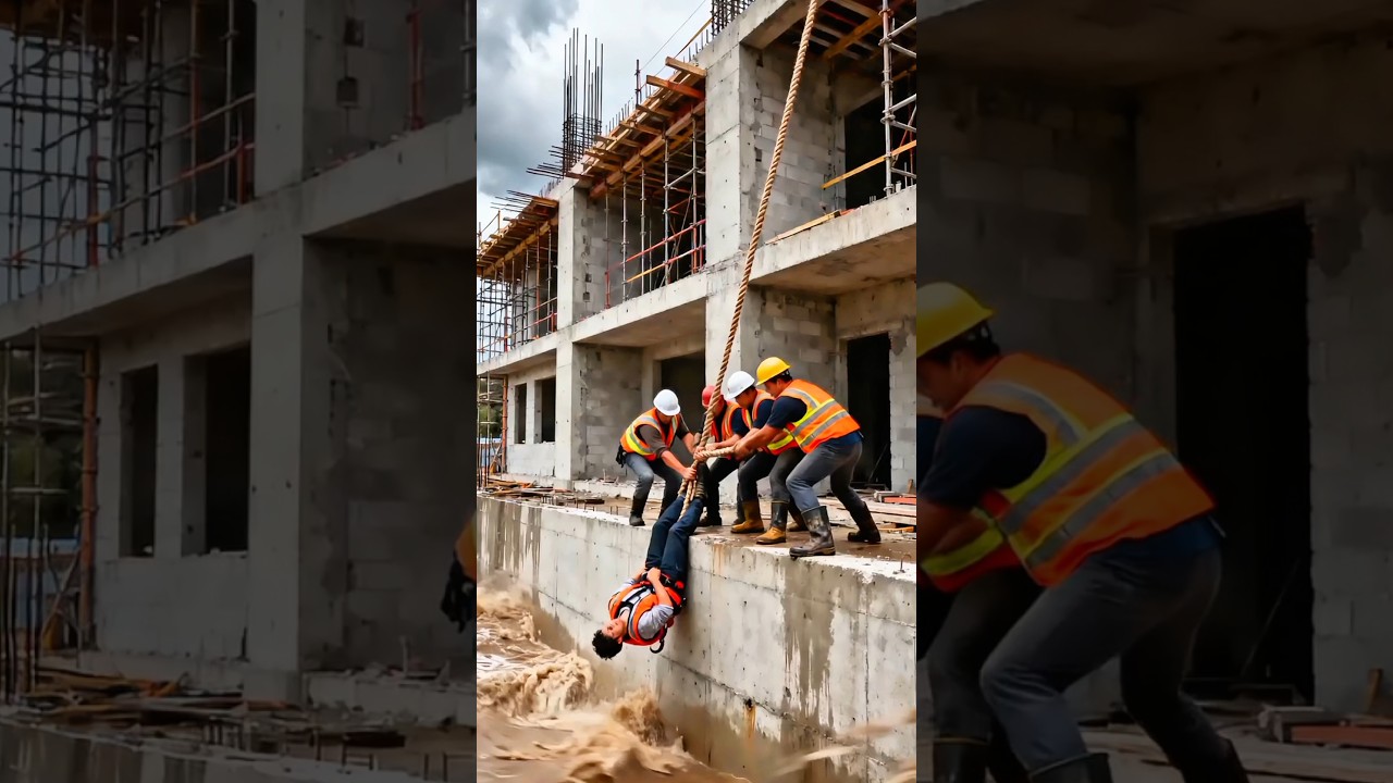 ⛑️🦺Worker Nearly Swept Away! Intense Construction Site Flood Rescue 