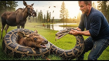 Brave Man Saves Mother Moose’s Calf from Giant Python’s Terrifying Attack 🐍🦌