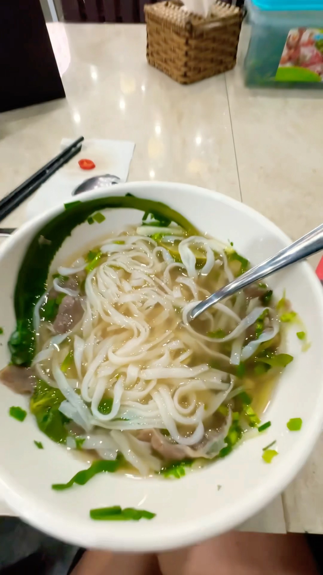He ate all the soup with one noodle.