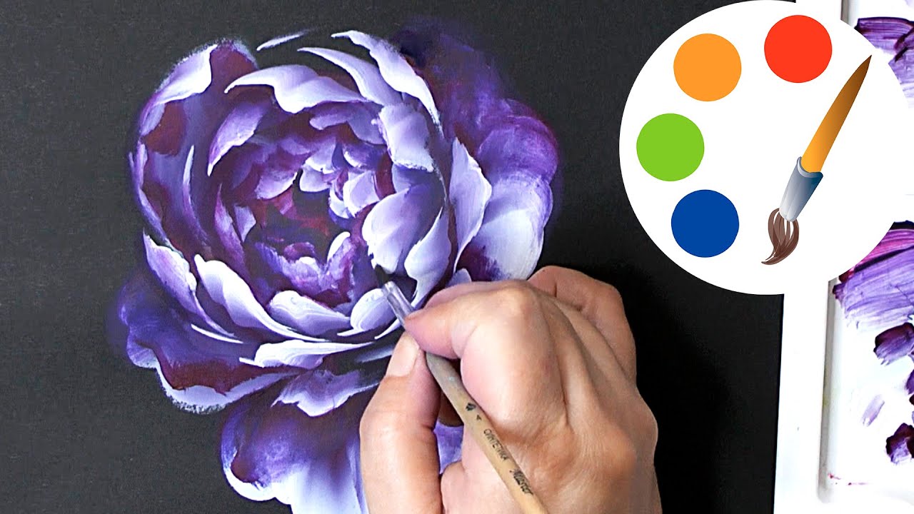 One Stroke, How to paint a purple peony with flat brushes - YouTube