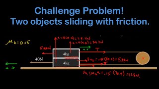 Friction challenge problem:  two objects slipping against each other, connected by a pulley.