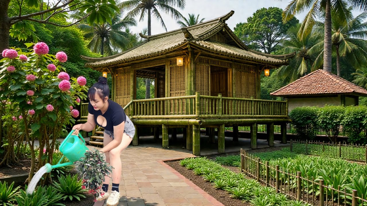 TIMELAPSE : For 120 days, the girl single-handedly built a bamboo stilt house on a deserted island