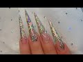 Mosaic gold transfer foil nail art, summer colourful stiletto nails with fiber gel. Sculpted nails