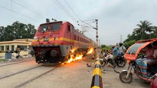 High speed intercity express Train the wheel F*ire rail gate crossing scene 