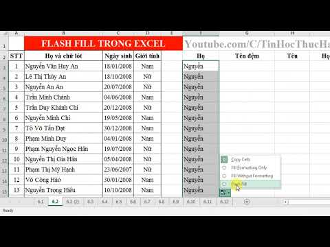 Tách họ tên và tên lót trong excel dùng hàm Mid Left Len Right Flash Fill