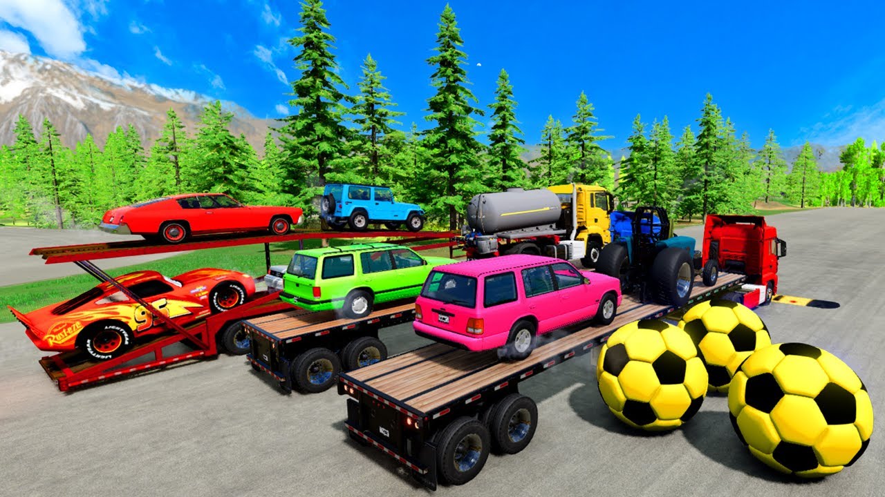 Flatbed Truck Mcqueen | Transportation with Truck - Pothole vs Car #43 - BeamNG.Drive