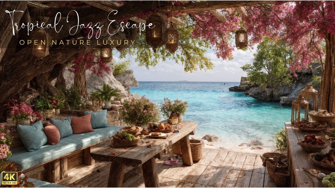 4K Tropical Jazz Escape | Relaxing Jazz by the Sea in a Flowered Paradise 