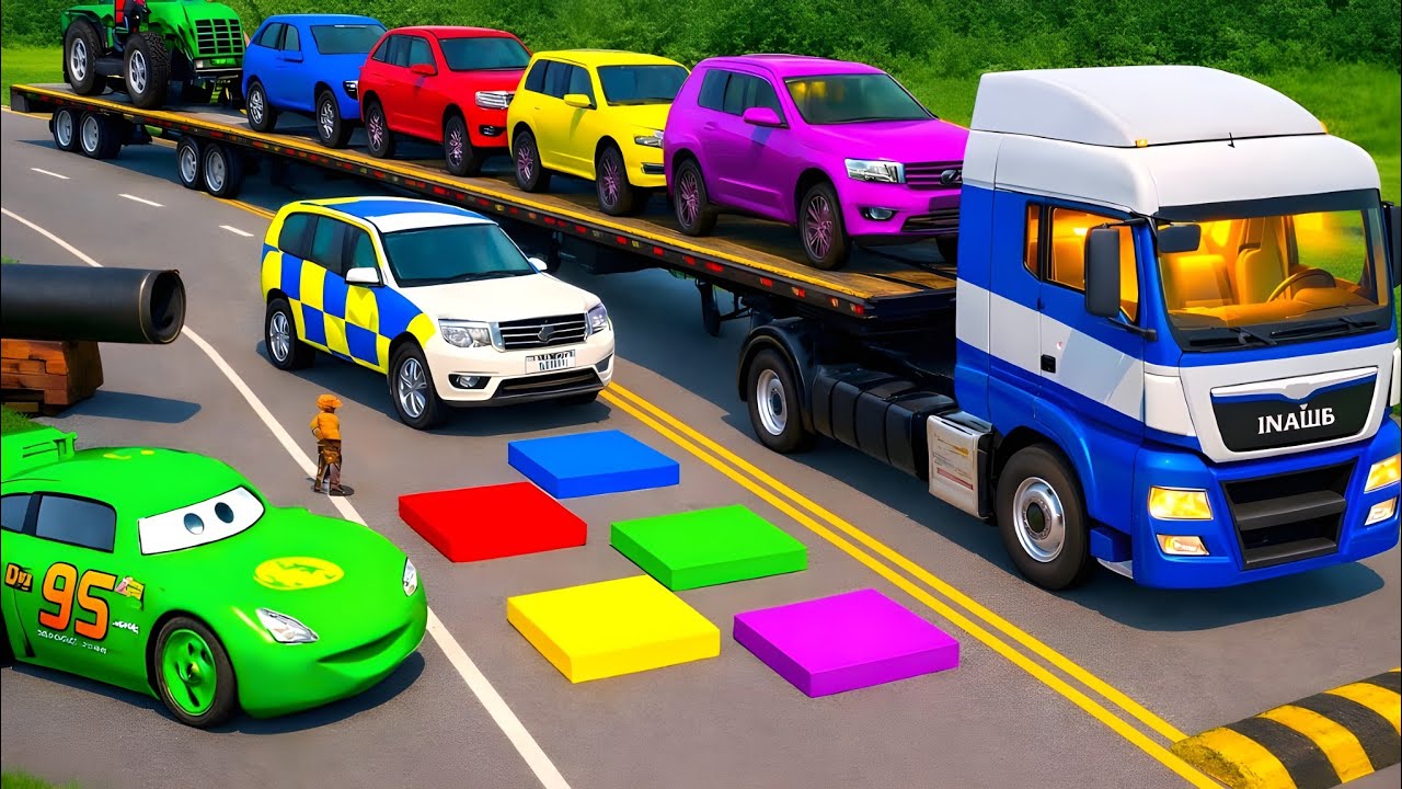 Double Flatbed Truck  / Big & Small / MCQUEEN vs 12Car #130 / BeamNG Gao Drive