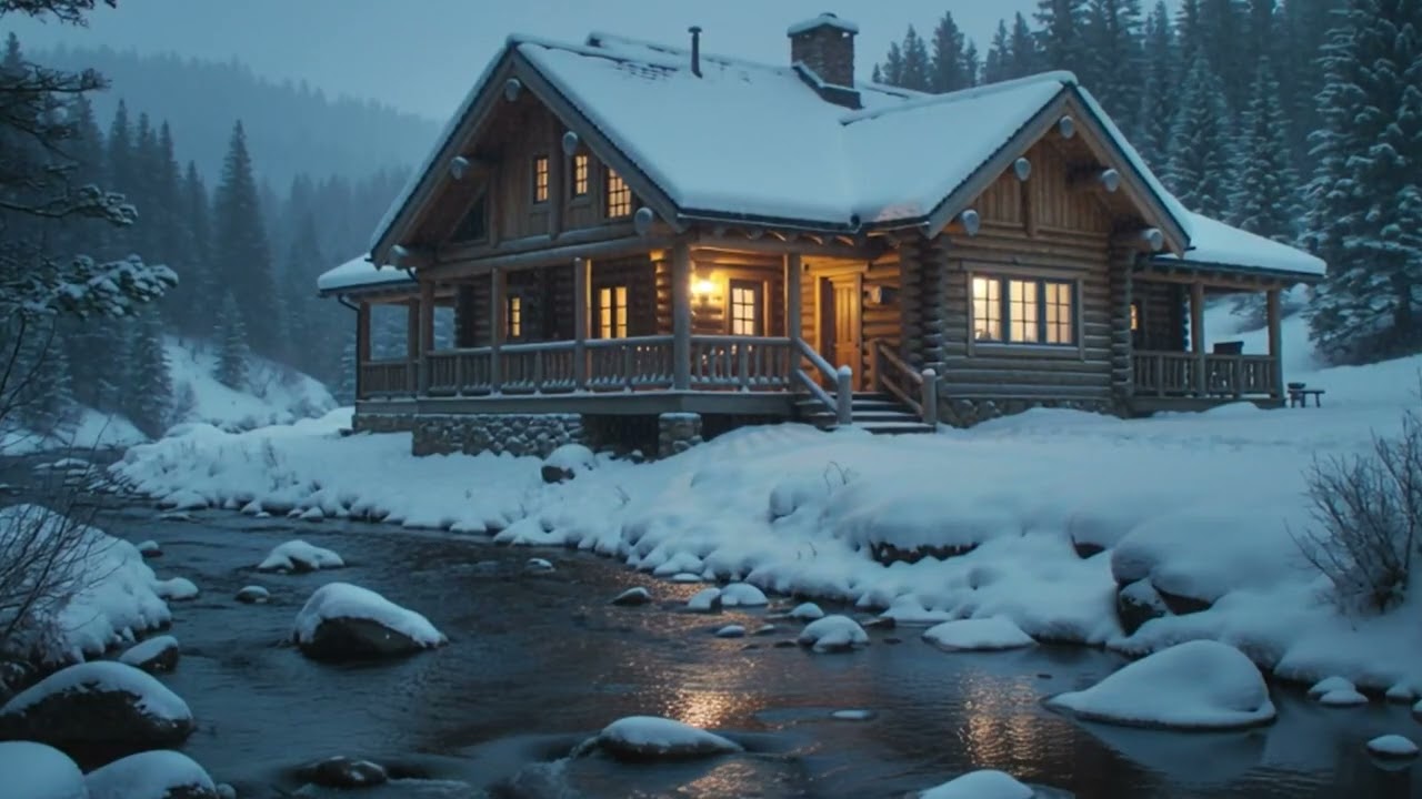 Silent Winter Cabin Ambience ❄️ Crackling Fire, Flowing Stream & Snowy Forest