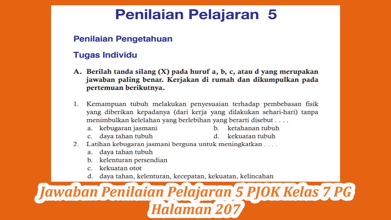 Jawaban Penilaian Pelajaran 5 Pjok Kelas 7 Pg Halaman 207 Youtube