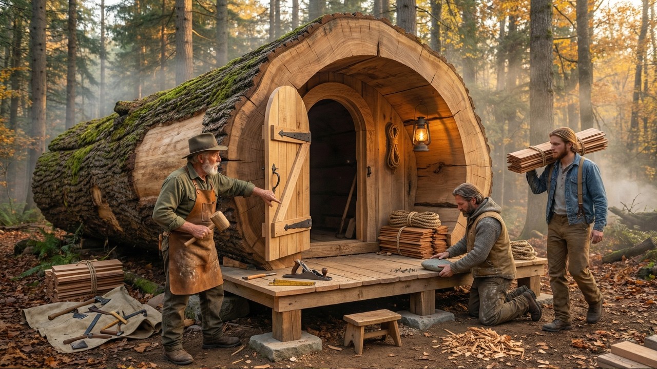 Building a house in the forest (ASMR) | Old Man with workers build a mini house in an Oak Tree 