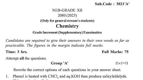 Chemistry Question,Class 12 from Grade Increment Exam 2080, NEB