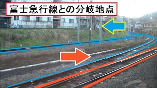 富士急行線との分岐合流地点が見える大月駅に到着する中央本線上り211系の車窓