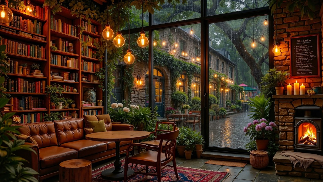 Cozy Library Rain Jazz | Warm Indoor Café Ambience for Focus and Quiet ...