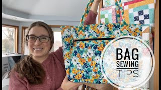 Tips and tricks for making quilted tote bags, fabric covered webbing, zipper tips, VLOG