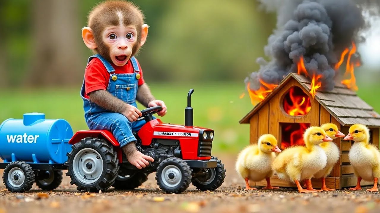 Monkey BoBo driving the tractor rescued the ducks from the coop just before it crumbled