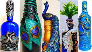 5 Peacock Design Glass Bottle Art