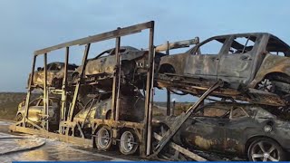 Semi truck carrying vehicles catches fire on I-5 near Oceanside, shutting down lanes