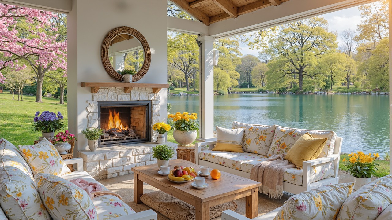 Уютная весенняя атмосфера 🌺 Расслабляющая фортепианная музыка и потрескивание камина для снятия стр