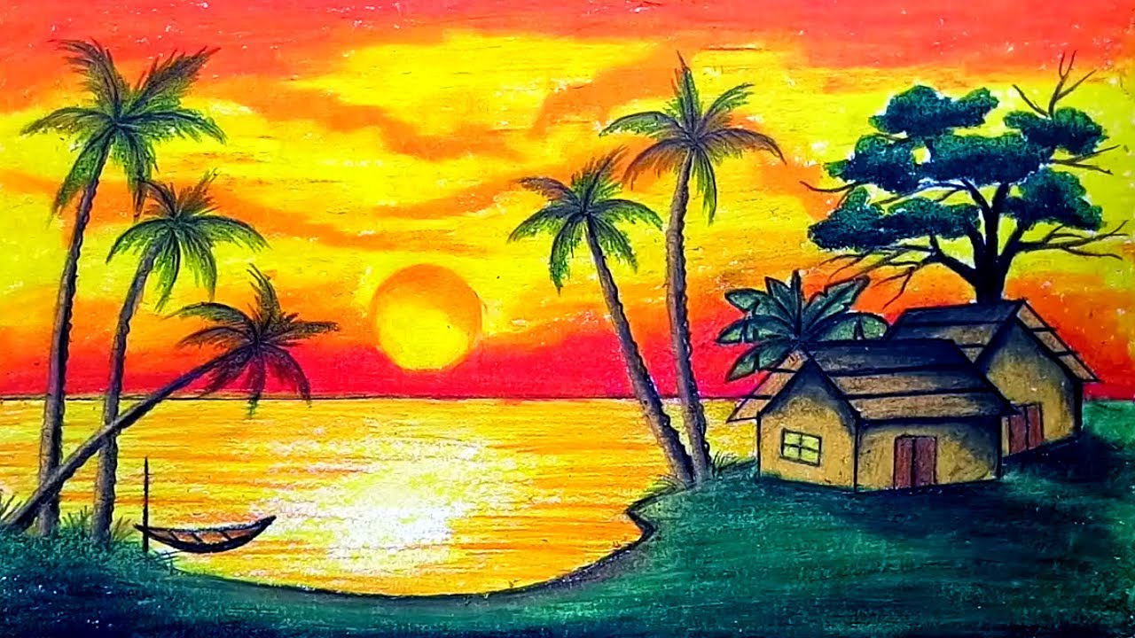 How to draw Scenery of Sunset with Oil Pastel.Step by step(easy ...