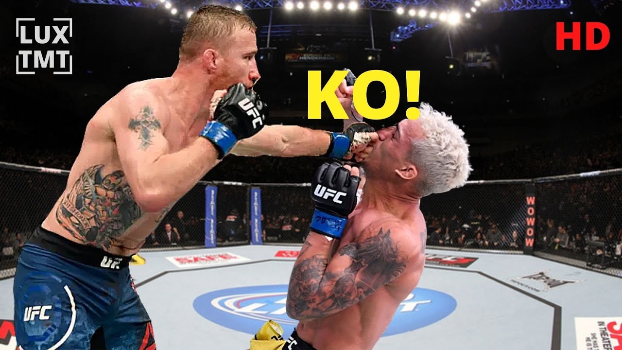 Justin Gaethje e Charles Oliveira enfrentam-se no octógono durante a luta