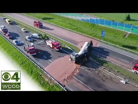 Raw Video: Truck Overturns In Poland, Spilling Chocolate Everywhere