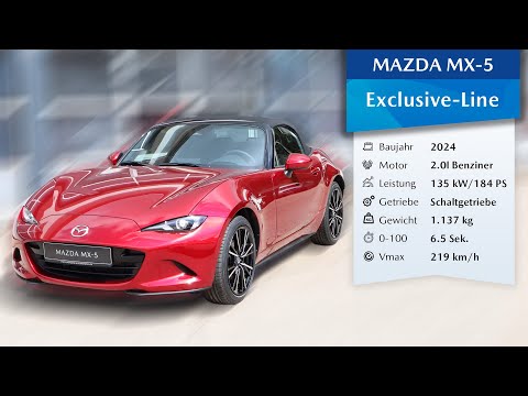 Youtube 2024 Mazda MX-5 2.0 Exclusive-Line 184 PS | Soul Red Crystal (46V) | 360° Ansicht   Innenraum (4K) video Mazda