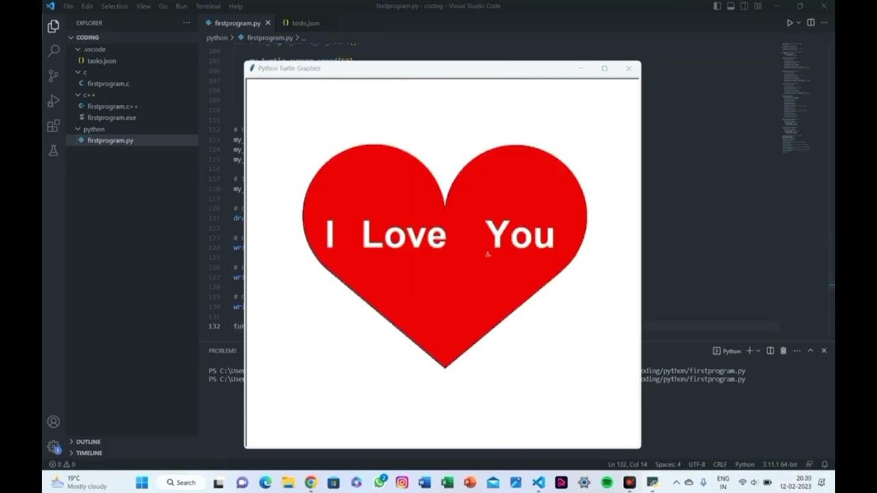 A using python code programming draw I Love you inside the heart # ...