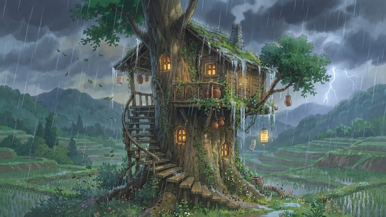 Rainy Day in The Village Finding Peace in The Meadows/ Ghibli Animation Style 
