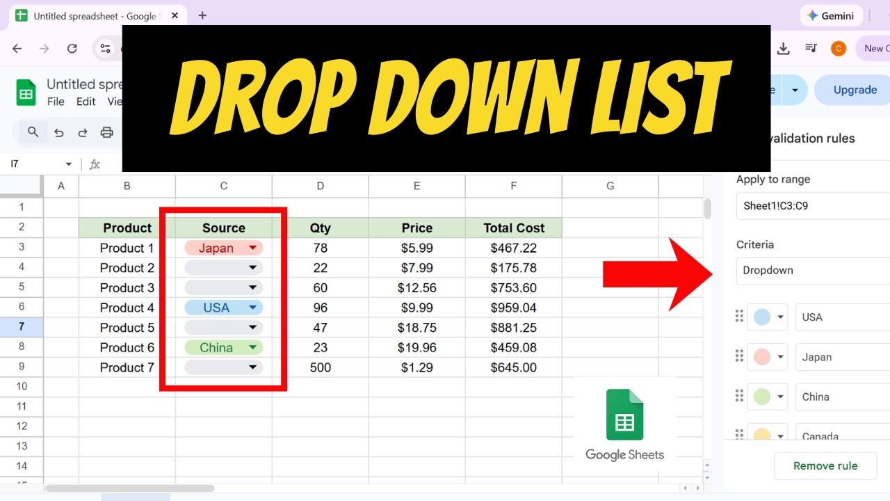 How to Add a Drop Down List in Google Sheets - YouTube