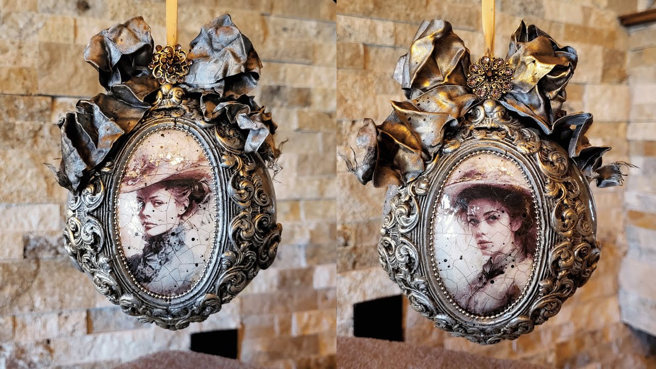 Vintage Christmas Medallion Ornament in Grey Color, Decoupage and Ribbons